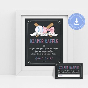 Enseigne de tombola Baseball ou Bows Diaper, pdf imprimable, téléchargement immédiat, douche révélateur de genre, genre baseball, fond de tableau, cy083