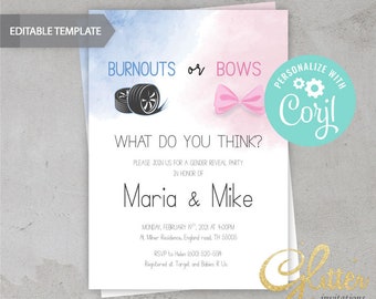 EDITABLE Burnouts or Bows gender reveal invitation, blue and pink, printable pdf, instant download, Wheels or bows, cy082