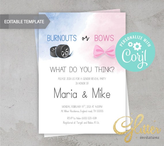 EDITABLE Burnouts or Bows gender reveal invitation blue and Etsy