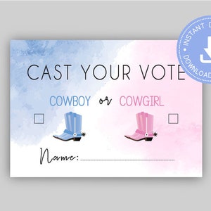 Revelación de género de vaquero o vaquera, Emite tu voto, baby shower de niño o niña occidental, descarga instantánea, él o ella género, CY099
