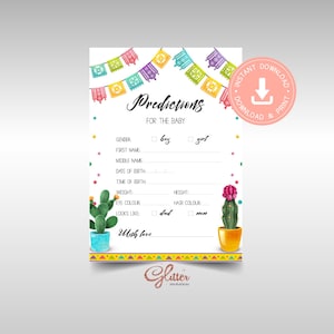 Jeux de douche de bébé Fiesta, carte de prédictions, pdf imprimable, douche de révélation de genre, Mexican Taco Bout, thème Cactus, CY071