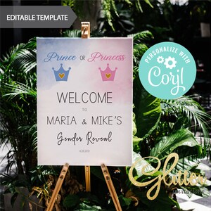 EDITABLE Prince Or Princess Gender Reveal, Royal  Gender Reveal, blue and pink, welcome sign, instant download, printable pdf, cy110