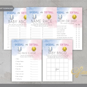 Baseball Or Softball Gender reveal, baby bingo, mom vs dad, baby abc, the price is right, baby race, boy or girl baby shower, cy117