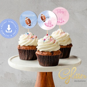 Touchdowns Or Tutus, Gender Reveal Cupcake Toppers, instant download, printable PDF, football or ballet, cy084