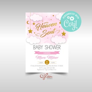 EDITABLE Heaven sent gold, girl Baby Shower invitation, moon and stars girl invites, little star gold, instant download printable pdf, CY049