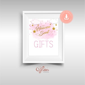 Heaven sent gold, girl Baby Shower, Gifts sign, table sign, angel wings girl baby shower, printable pdf, CY049