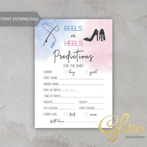 Revelación de género de carretes o tacones, baby shower con tema de pesca, azul y rosa, tarjeta de predicciones para bebés, juego de descarga instantánea, pdf imprimible, cy120