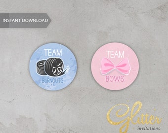Burnouts or Bows, Gender reveal baby shower, Team Pink Team Blue Stickers, Gender reveal shower, instant download, printable pdf, CY082