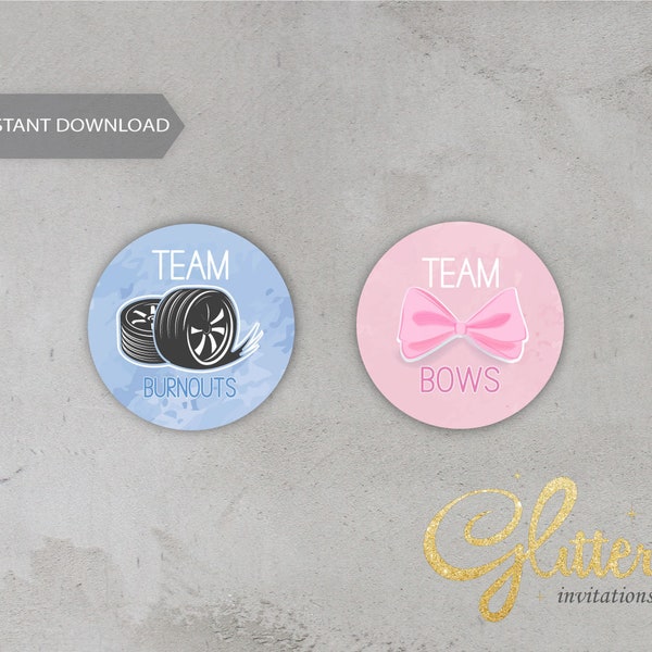 Burnouts or Bows, Gender reveal baby shower, Team Pink Team Blue Stickers, Gender reveal shower, instant download, printable pdf, CY082