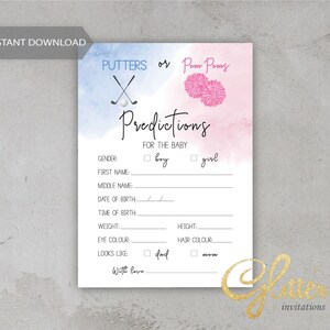 Putters Or Pom Poms, Golf Gender Reveal, bleu et rose, Baby Predictions Card , Instant Download game, pdf imprimable, cy113