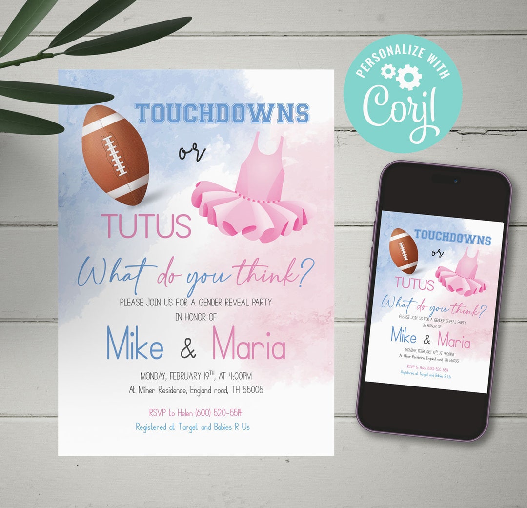 EDITABLE Touchdowns or Tutus Gender Reveal Invitation, Blue or Pink, Printable Pdf, Instant ...