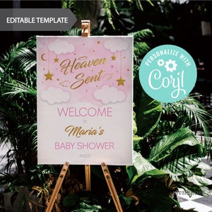 EDITABLE Heaven sent gold, girl Baby Shower, welcome sign, Welcome sign, Printable PDF, instant download, CY049