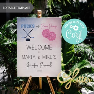 EDITABLE Pucks or Pom Poms, Hockey Gender reveal shower, welcome sign, instant download, Printable Baby Shower Welcome Sign, CY111