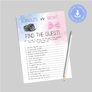 Burnouts or Bows, blue and pink, Find the guest, Games Printable, Instant Download, Game, Gender reveal, Wheels or bows, cy082