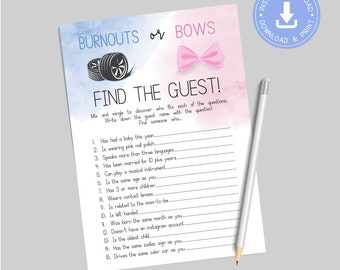 Burnouts or Bows, blue and pink, Find the guest, Games Printable, Instant Download, Game, Gender reveal, Wheels or bows, cy082