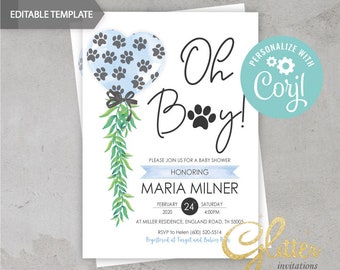 EDITABLE Puppy boy Shower invitation, dog floral invites, instant download, printable pdf, CY024