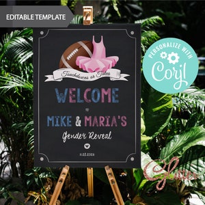 EDITABLE Touchdowns Or Tutus, printable welcome sign, gender reveal sign, football or ballet gender, chalkboard background,  cy084