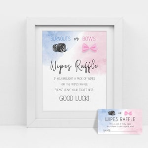 Burnouts or Bows, blue and pink, wipes raffle sign, printable pdf, Instant Download, gender reveal shower, Wheels or bows, cy082
