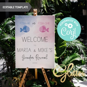 EDITABLE Fishing Theme Gender Reveal, Fish he or Fish she Gender Reveal, welcome sign, instant download, Printable Baby Shower, CY102