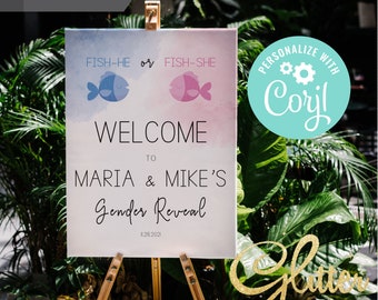 EDITABLE Fishing Theme Gender Reveal, Fish he or Fish she Gender Reveal, welcome sign, instant download, Printable Baby Shower, CY102