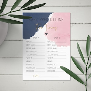 Blu navy e rosa cipria, Doccia gemelli, Carta previsioni bambino, Gioco di download istantaneo, pdf stampabile, Doccia gemelli, CY046