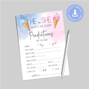 Helado azul y rosa, Tarjeta de predicciones para bebés, Juego de descarga instantánea, baby shower de género, pdf imprimible, ¿Cuál es la primicia?, cy085