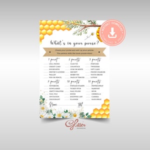 Bee baby shower games, What&#39;s In Your Purse Game, girl Baby Shower, Printable pdf, gender reveal shower, boy baby shower, CY064
