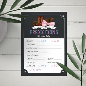 Revelación de género de botas o lazos, tarjeta de predicciones de bebé, juego de descarga instantánea, pdf imprimible, fondo de pizarra, CY088