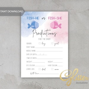 Tema de pesca Revelación de género, Pescar él o Pescar ella, azul y rosa, Tarjeta de predicciones para bebés, Juego de descarga instantánea, pdf imprimible, CY102