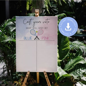 Tennis Gender Reveal, tennis rackets Gender Reveal, blue or pink, cast your vote sign, printable pdf, boy or girl, he or she, CY130