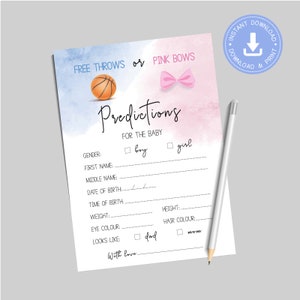 Free Throws Pink Bows, bleu et rose, Carte de prédictions pour bébé, Jeu à téléchargement instantané, Baby shower de genre basket-ball, pdf imprimable, CY089