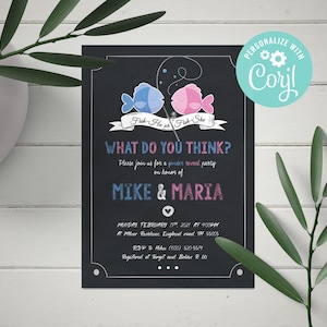 EDITABLE Fishing Theme Gender Reveal invitation, Fish he or Fish she Gender Reveal, printable pdf, chalkboard background, CY102