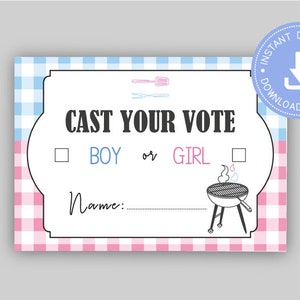 BBQ Baby Q Shower, Emite tu voto, Ducha de revelación de género, descarga instantánea, niño o niña, revelación de género de barbacoa, pdf imprimible, CY068