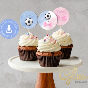 Revelación de género de goles o arcos, Toppers de cupcakes de revelación de género, descarga instantánea, PDF imprimible, ducha de revelación de género de fútbol, CY090