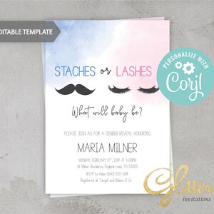 EDITABLE Lashes or Staches gender reveal invitation, blue or pink, reveal sex invite, printable pdf, instant download, cy072