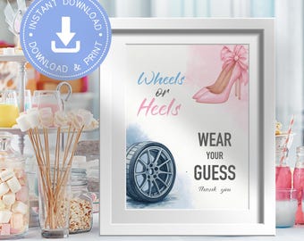 Wheels or Heels Gender Reveal wear your guess, blue and pink, instant download, printable pdf, boy or girl, CY075