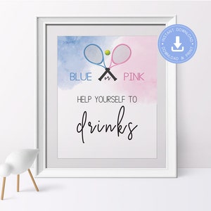 Tennis Gender Reveal, tennis rackets Gender Reveal, drinks sign, he or she, boy or girl gender, printable pdf, blue or pink, CY130