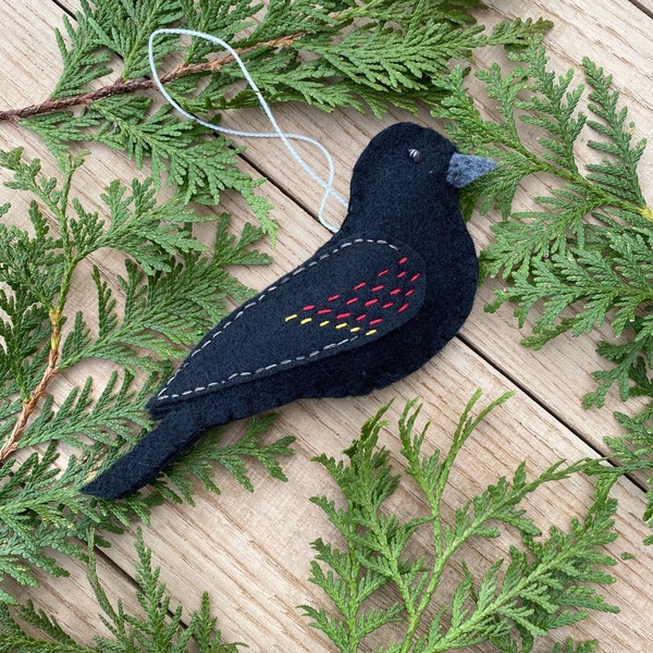 Handmade Blackbird Felt Christmas Ornament Felt Bird 5.5" Primitive Soft Red Wing Blackbird Felt Bird Lover Rustic Bird Watcher Woodland