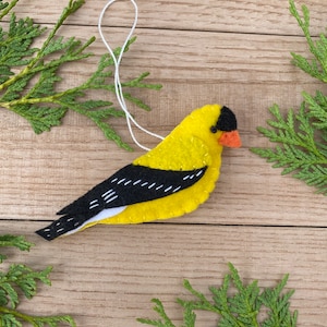 Handmade Goldfinch Felt Christmas Ornament: Yellow, Black, White - 5 inches