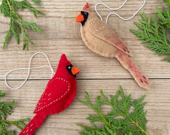 Male Female Cardinal Pair Set of 2 Felt Handmade Ornaments: Red Beige 5 inches