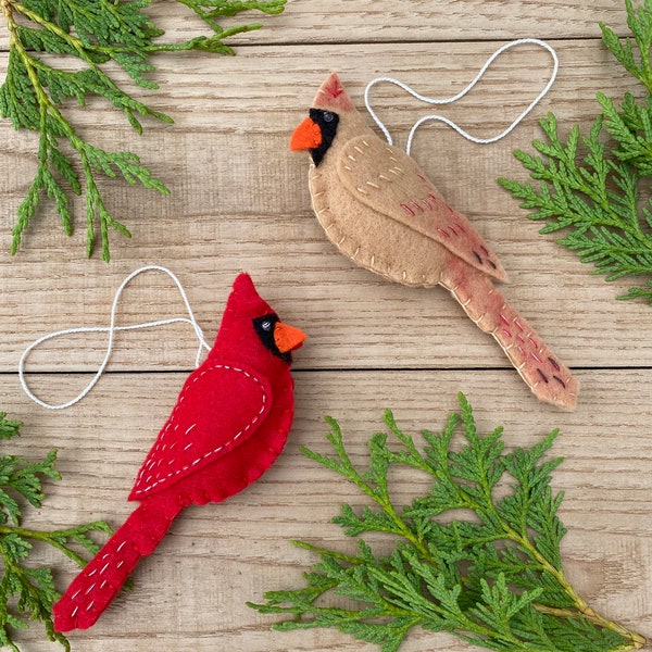 Cardinal Pair Set of 2 Felt Handmade Christmas Ornaments Female and Male Cardinals Primitive Soft Cardinals Bird Lover Rustic Bird Watcher