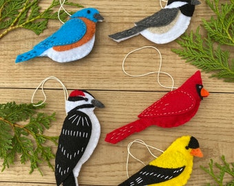 Felt Bird Collection Set of 5 Christmas Bird Ornaments  Handmade Soft Felt Stuffed Birds Woodland Forest Nature Primitive Bird Watcher