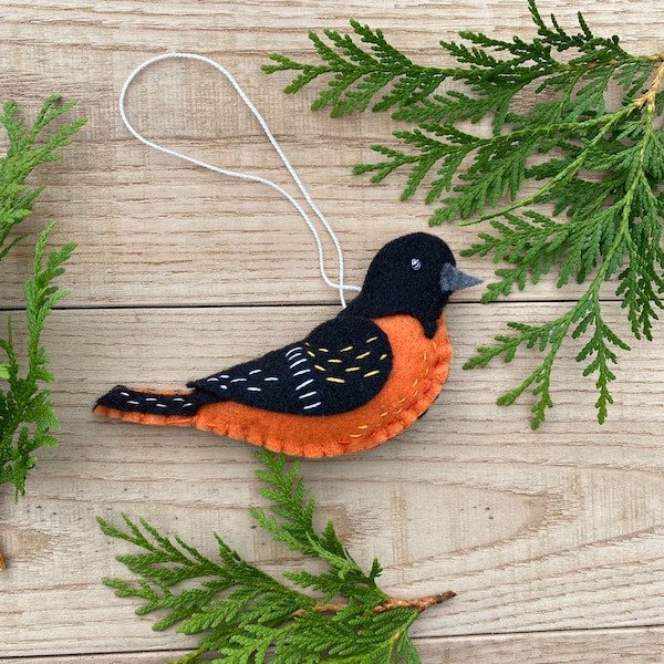 Handmade Oriole Felt Ornament: Orange, Black - 5 inches