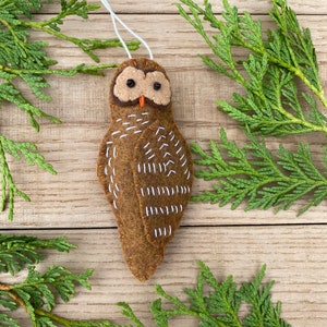 Handmade Barred Owl Felt Ornament: Brown - 5 inches