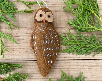 Handmade Barred Owl Felt Christmas Ornament Felt Owl Bird 5" Primitive Soft Owl Felt Bird Lover Rustic Brown Bird Watcher Woodland