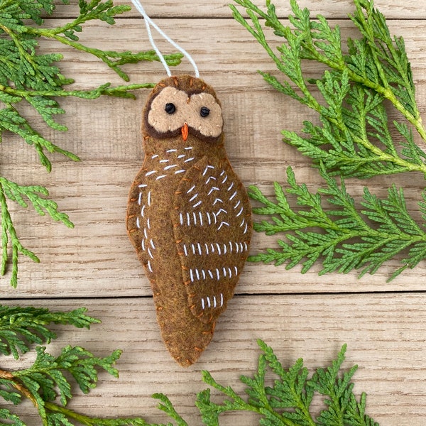 Handmade Barred Owl Felt Christmas Ornament Felt Owl Bird 5" Primitive Soft Owl Felt Bird Lover Rustic Brown Bird Watcher Woodland