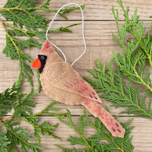 Female Cardinal Handmade Felt Ornament: beige 5 inches
