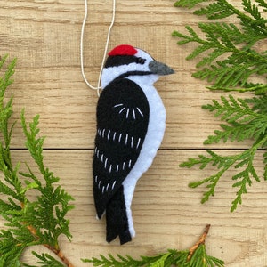 Downy Woodpecker Handmade Felt Ornament: Black, White, Red - 5 inches