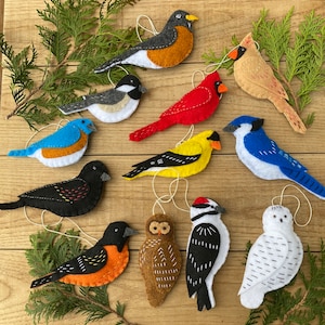 Felt Bird Collection Set of 12 Handmade Bird Ornaments  Christmas Soft Felt Stuffed Birds Woodland Forest Nature Primitive Bird Watcher