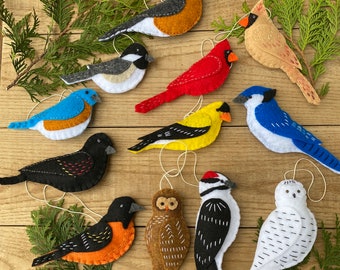May include: A set of 10 felt bird decorations, each with a unique design and colour. The birds include a bluebird, a cardinal, a robin, a woodpecker, a chickadee, a goldfinch, an owl, a woodpecker, a woodpecker, and a snowy owl.